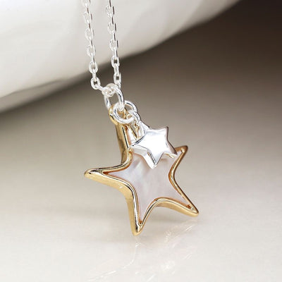 POM Silver Plated Double Star Necklace with Shell & Gold