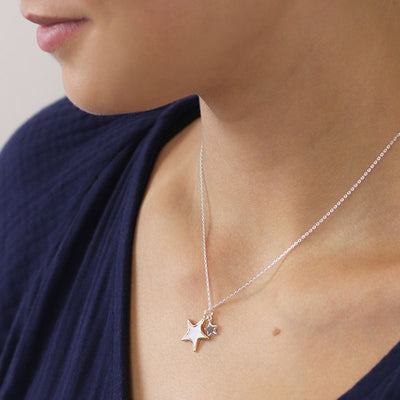 POM Silver Plated Double Star Necklace with Shell & Gold