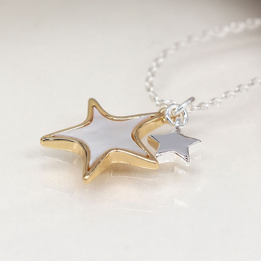 POM Silver Plated Double Star Necklace with Shell & Gold