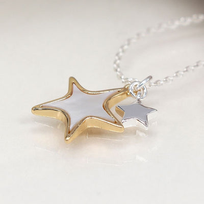 POM Silver Plated Double Star Necklace with Shell & Gold