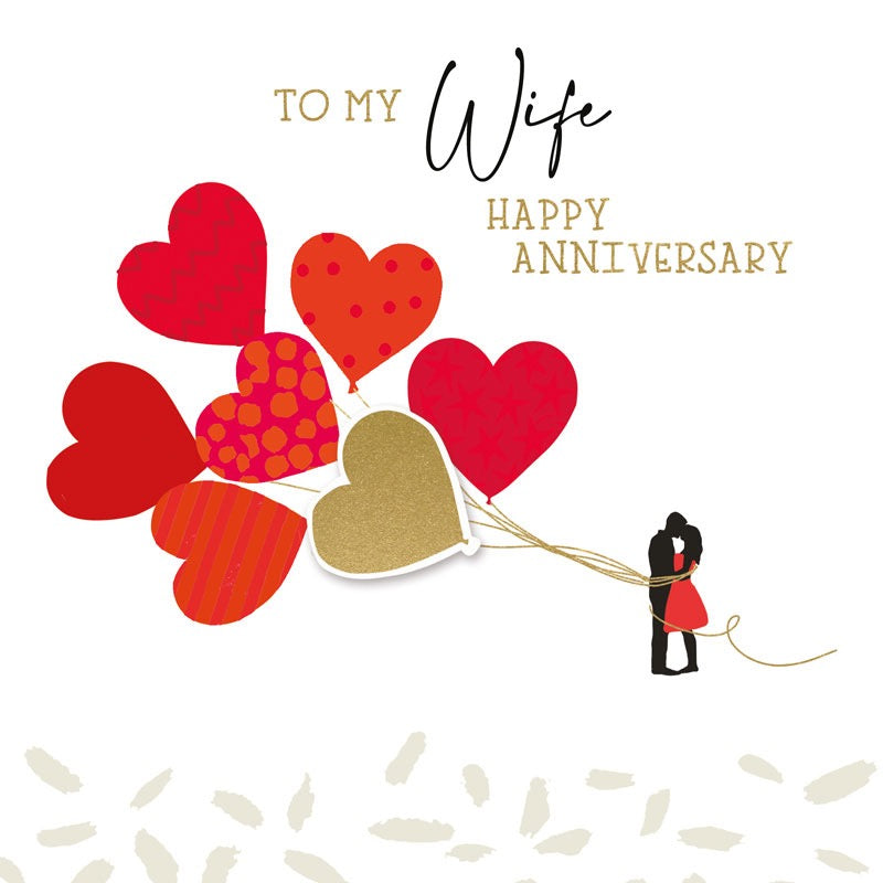 Couple & Red Hearts Balloons Wife Anniversary Card - Hammond Gower