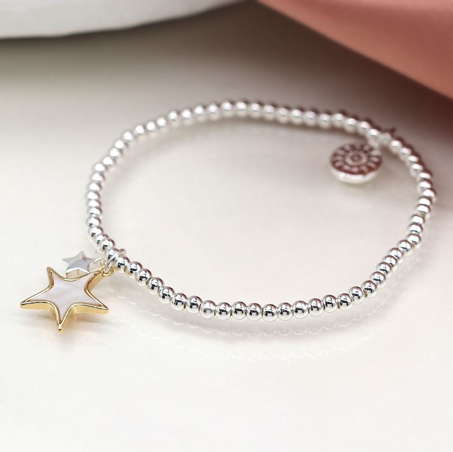 POM Silver Plated Double Star Stretch Bracelet with Shell & Gold