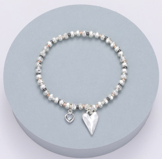 Gracee Jewellery Rondelle Three Tone Heart & Crystal Bracelet -  Silver/Rose Gold/Hematite