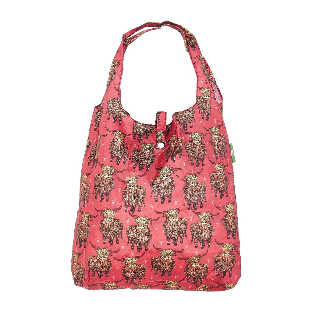 Eco Chic Foldable Recycled Shopping Bag - Floral Highland Cow - Red