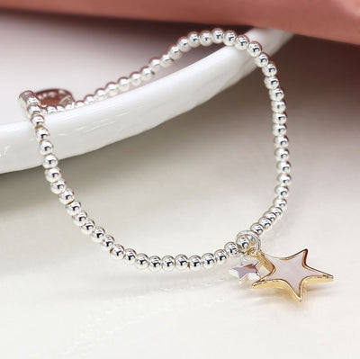 POM Silver Plated Double Star Stretch Bracelet with Shell & Gold