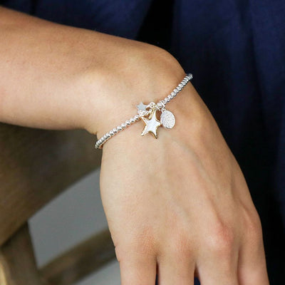 POM Silver Plated Double Star Stretch Bracelet with Shell & Gold