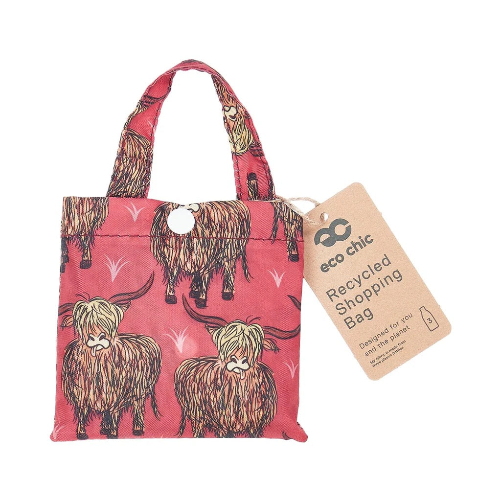 Eco Chic Foldable Recycled Shopping Bag - Floral Highland Cow - Red