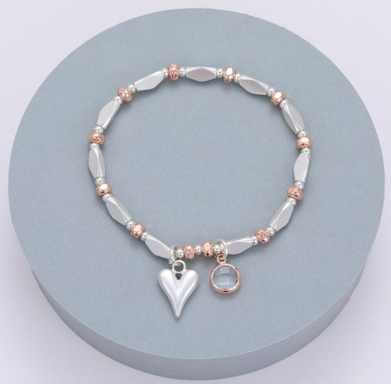 Gracee Jewellery Matt Flat Edged Tube Heart & Crystal Bracelet -  Silver/Rose Gold