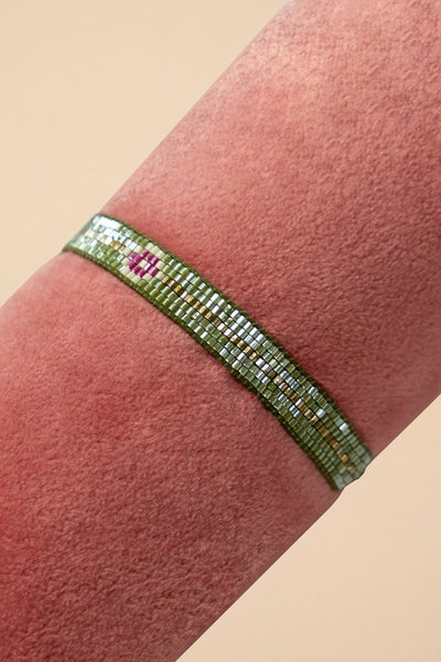 Powder Adjustable Boho Bracelet - Narrow - Olive Green & Gold with Diamond