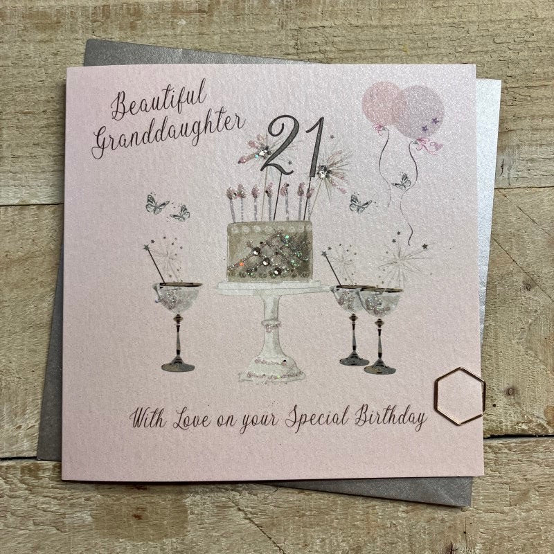 White Cotton card - Beautiful Granddaughter 21st Cake And Cocktails Birthday Card