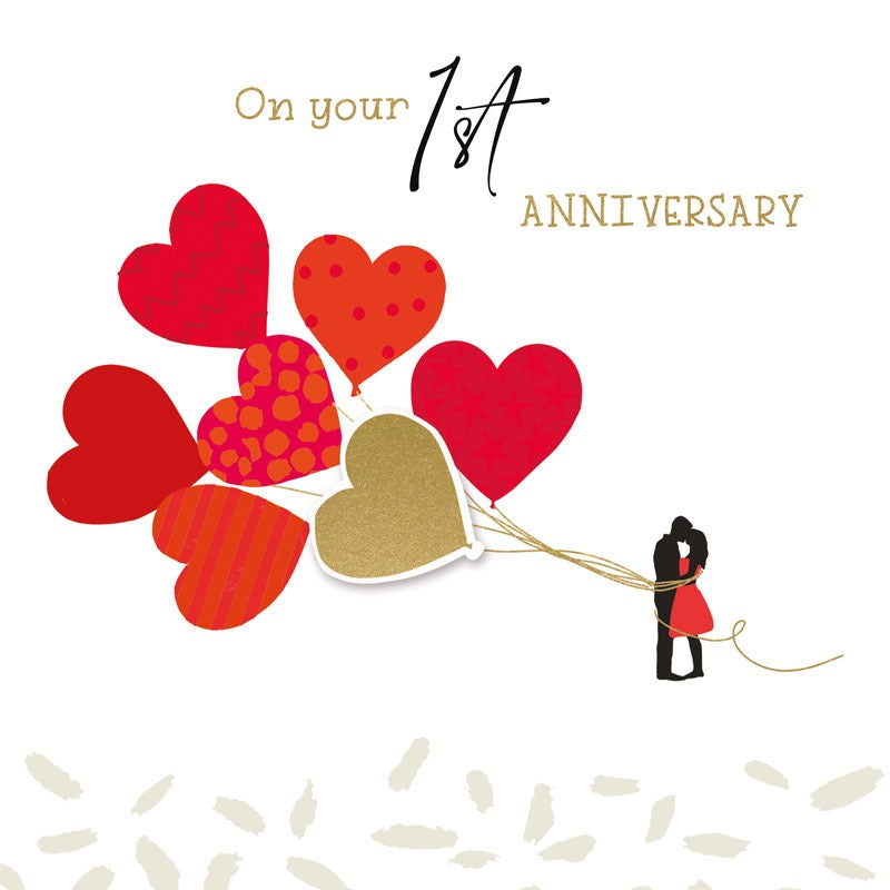 Couple & Red Hearts Balloons 1st Anniversary Card - Hammond Gower