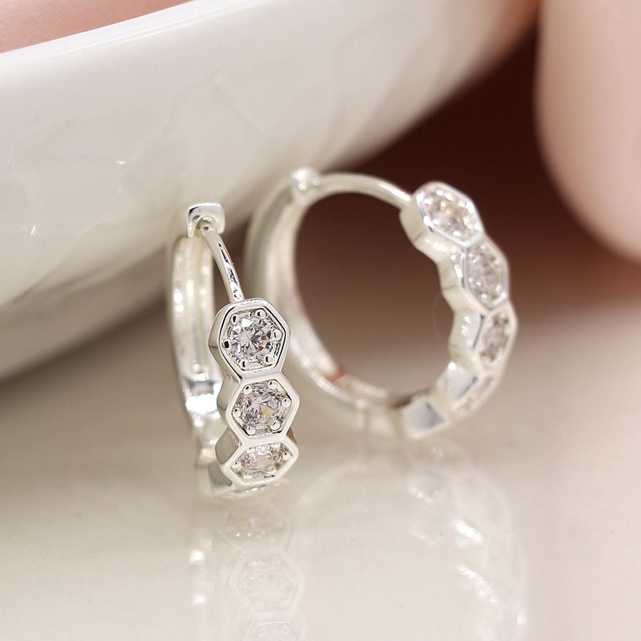 POM Silver Plated Huggie Hoop Earrings with Hexagon Set Crystals