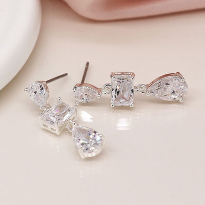 POM Silver Plated Triple Crystal Drop Earrings