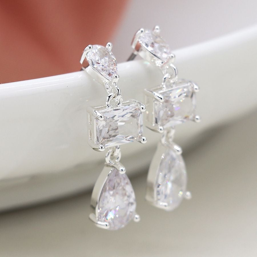 POM Silver Plated Triple Crystal Drop Earrings