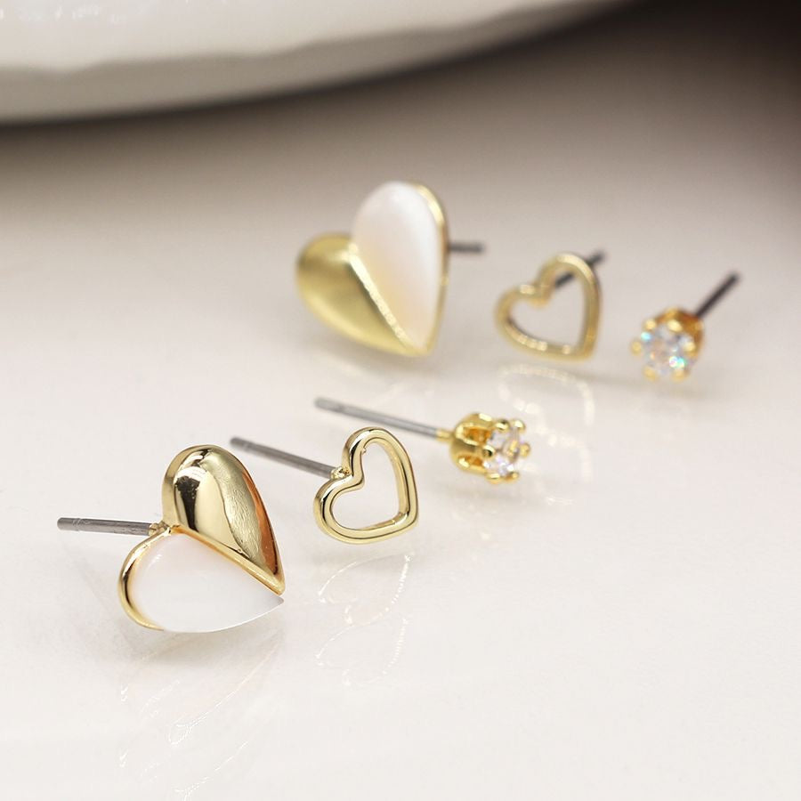 POM Faux Gold Plated Shell & Crystal Triple Set Stud Earrings