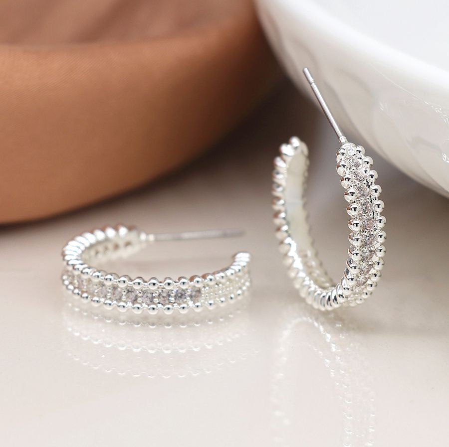 POM Silver Plated Hoop Earrings with Crystals & Silver Bobble Edge