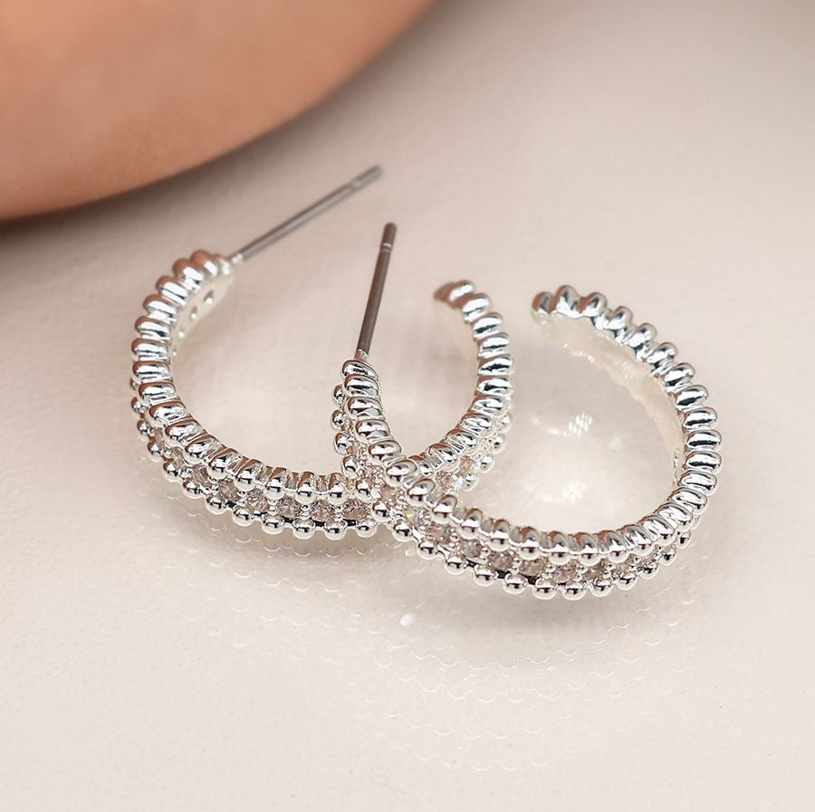 POM Silver Plated Hoop Earrings with Crystals & Silver Bobble Edge