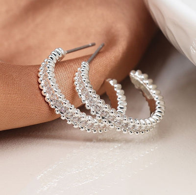 POM Silver Plated Hoop Earrings with Crystals & Silver Bobble Edge