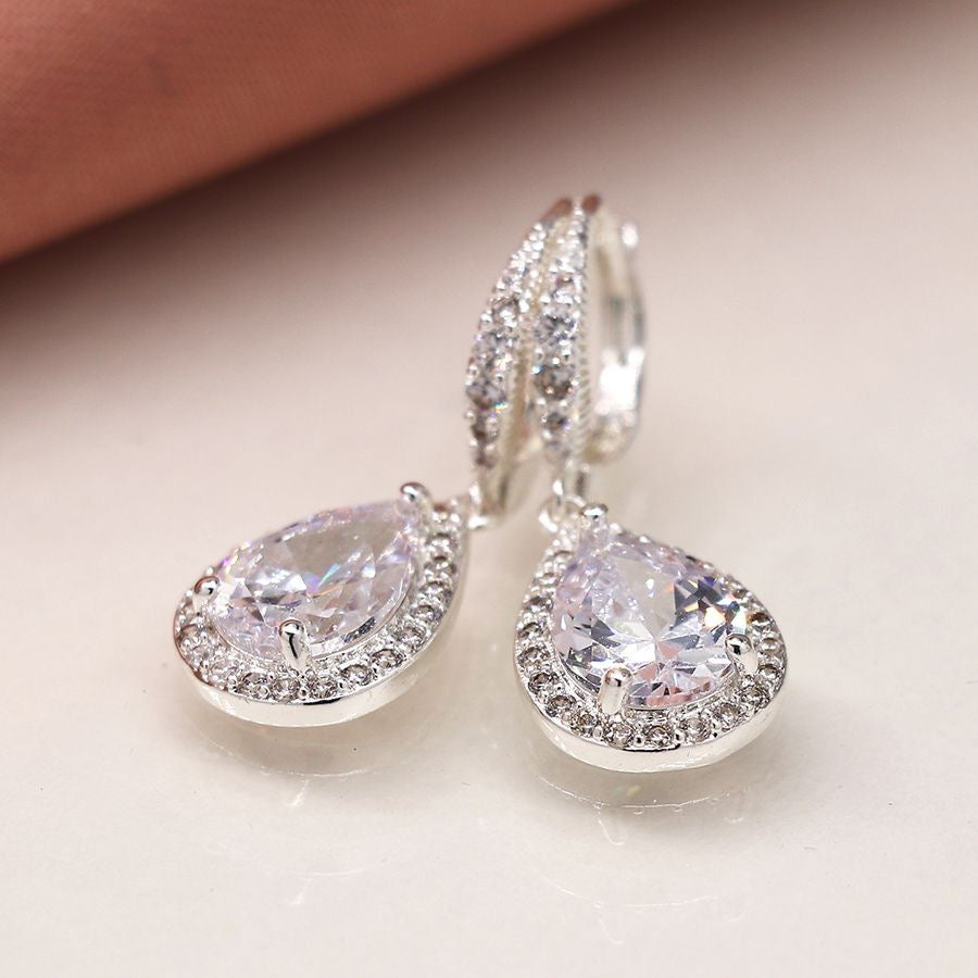 POM Silver Plated Elegant Crystal Inset Hoop Earrings with Crystal Teardrop