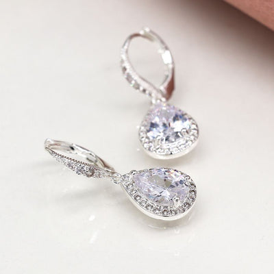 POM Silver Plated Elegant Crystal Inset Hoop Earrings with Crystal Teardrop