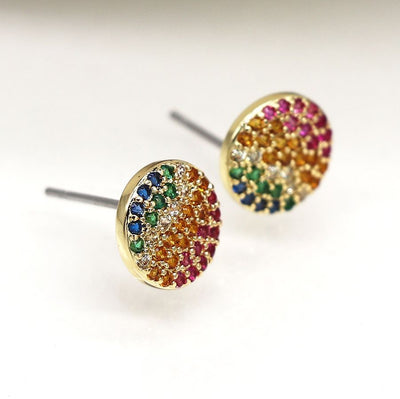 POM Faux Gold Plated Disc Stud Earrings with Rainbow Gradient Crystals