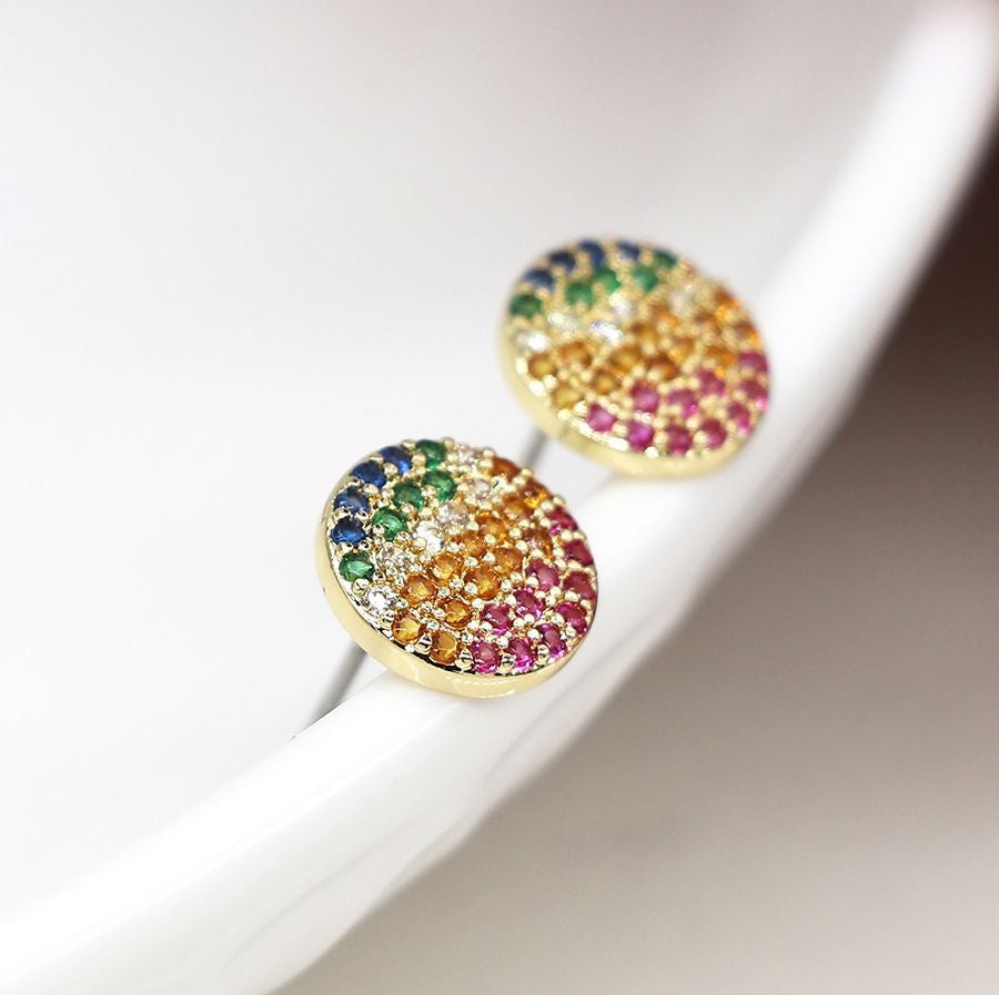 POM Faux Gold Plated Disc Stud Earrings with Rainbow Gradient Crystals