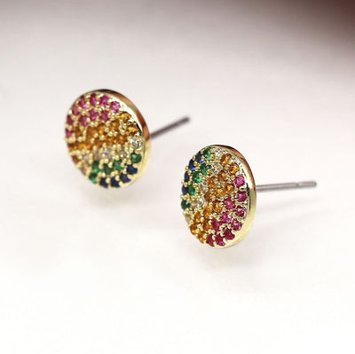 POM Faux Gold Plated Disc Stud Earrings with Rainbow Gradient Crystals