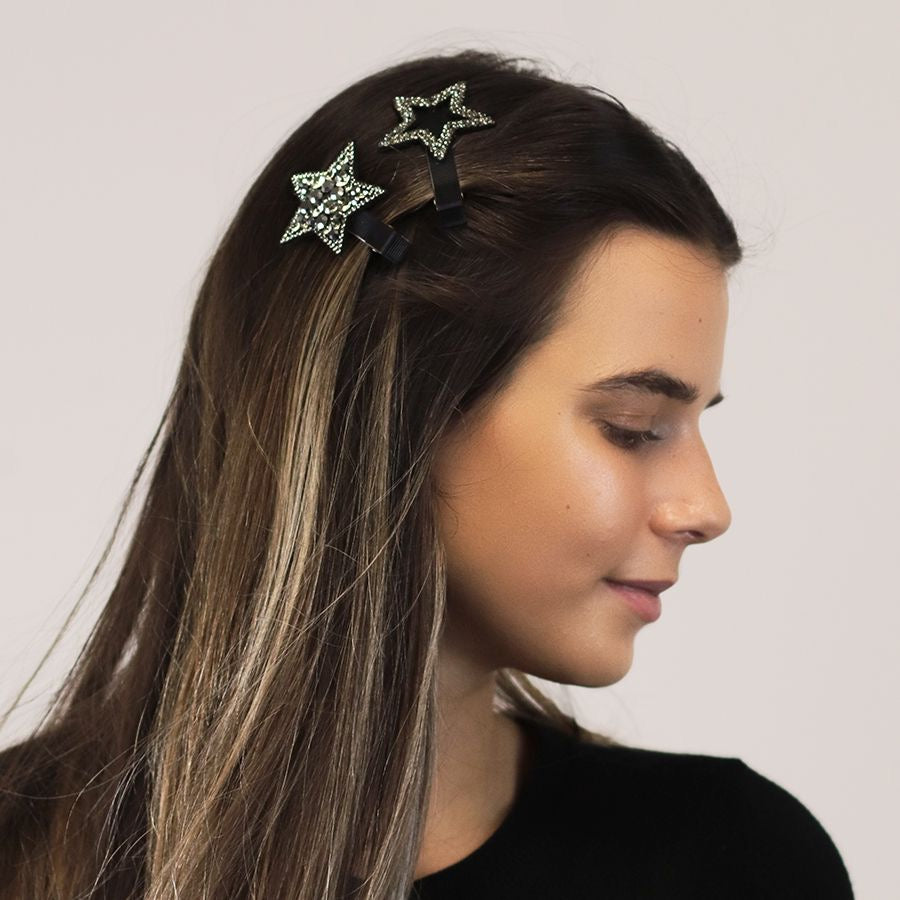 POM Grey Crystal Embellished Stars Hair Clips - Pack of 2