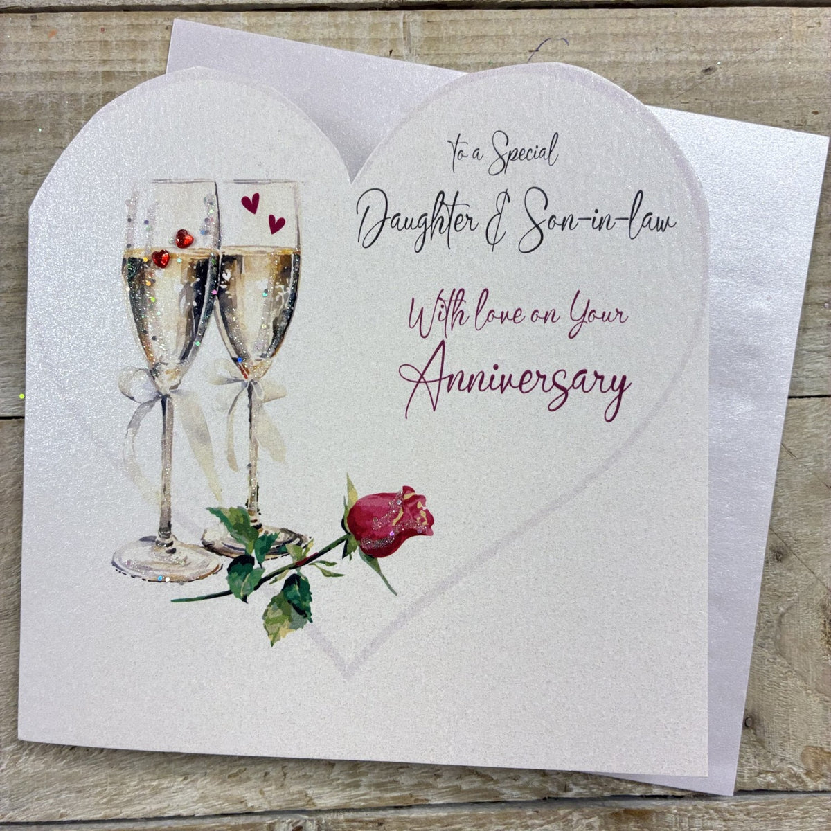 White Cotton card - Special Daughter &amp; Son-In-Law- Flutes &amp; Rose - Anniversary Card