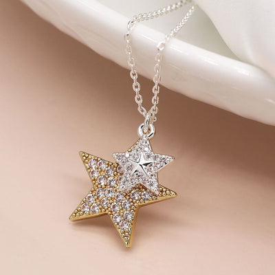 POM Faux Gold & Silver Plated Double Inset Crystal Star Necklace