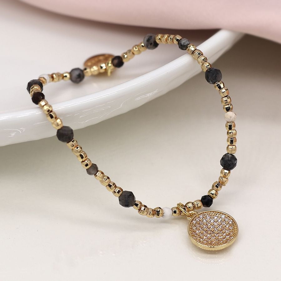 POM Faux Gold & Black Beaded Stretch Bracelet with Concave Crystal Inset