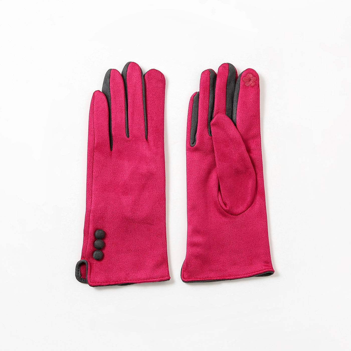 Butterfly Faux Suede 3 Button Two Tone Gloves - Fuchsia/Charcoal Grey