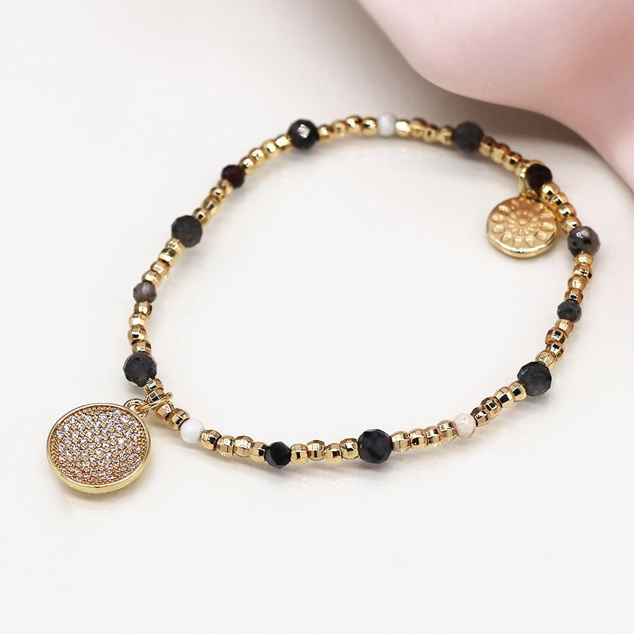 POM Faux Gold & Black Beaded Stretch Bracelet with Concave Crystal Inset