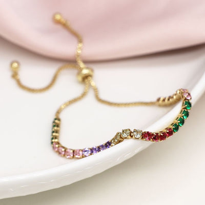 POM Faux Gold Adjustable Slider Bracelet with Cup Chain Rainbow Crystals