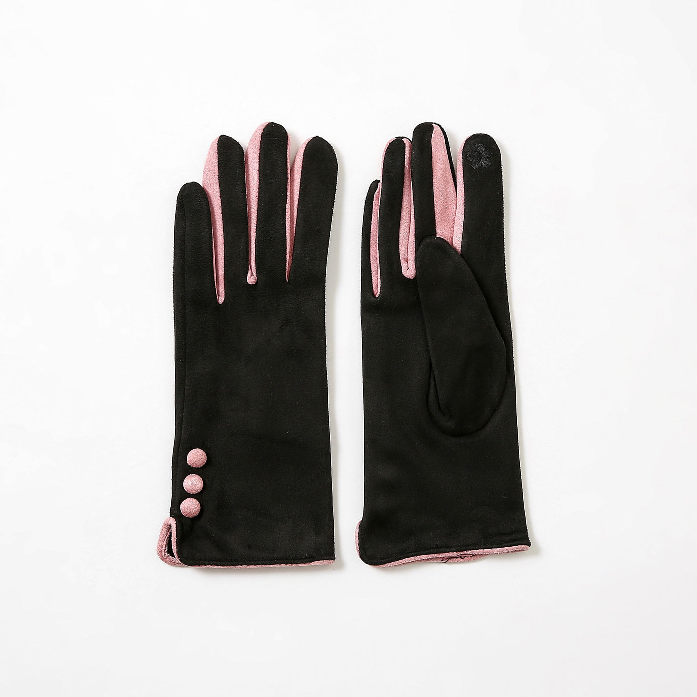 Butterfly Faux Suede 3 Button Two Tone Gloves - Black/Pale Pink