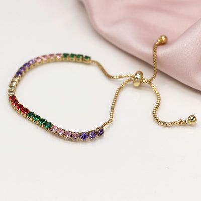 POM Faux Gold Adjustable Slider Bracelet with Cup Chain Rainbow Crystals