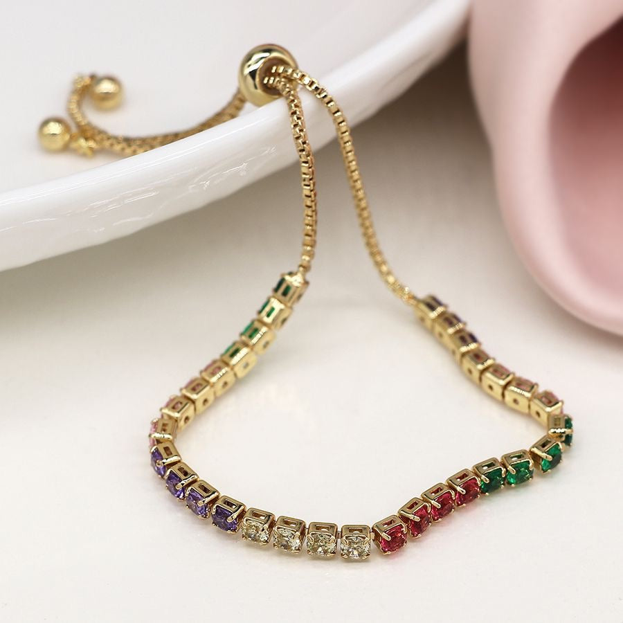 POM Faux Gold Adjustable Slider Bracelet with Cup Chain Rainbow Crystals