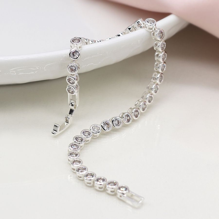 POM Silver Plated Round Cup Chain Crystal Bracelet with Fold Over Clasp