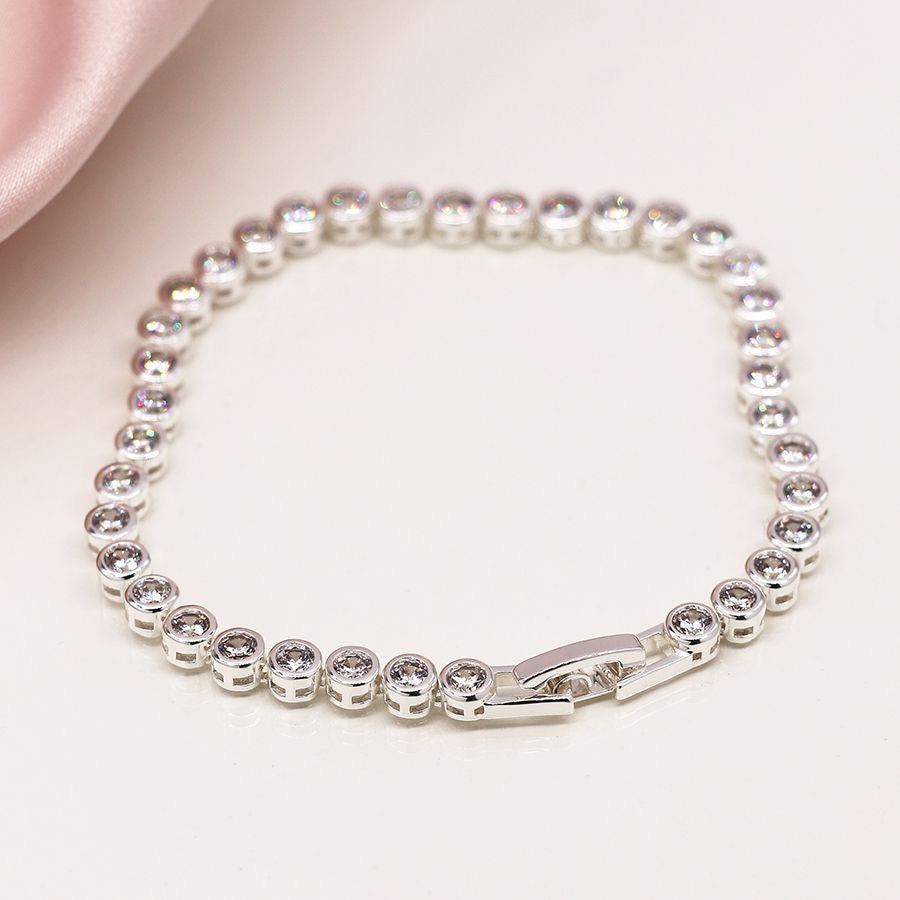 POM Silver Plated Round Cup Chain Crystal Bracelet with Fold Over Clasp