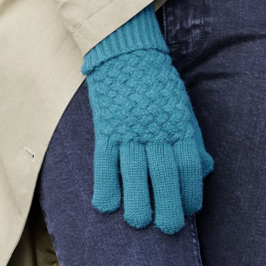 POM Teal Basket Weave Knitted Wool Gloves