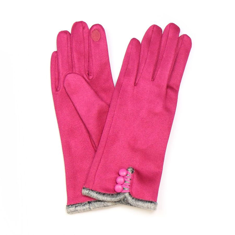 POM Bright Pink Faux Suede Fur & Button Detail Ladies Gloves