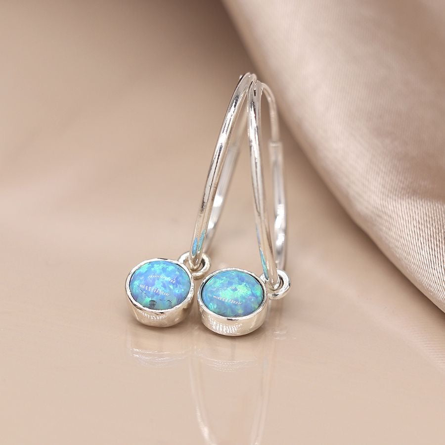 POM Sterling Silver Fine Hoop Earrings with Round Blue Opal Charms