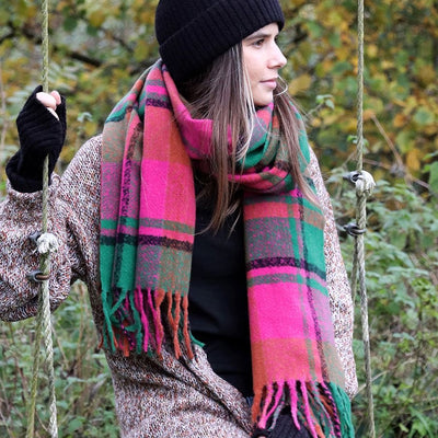 POM Bright Pink Mix Check with Twist Fringe Cosy Scarf