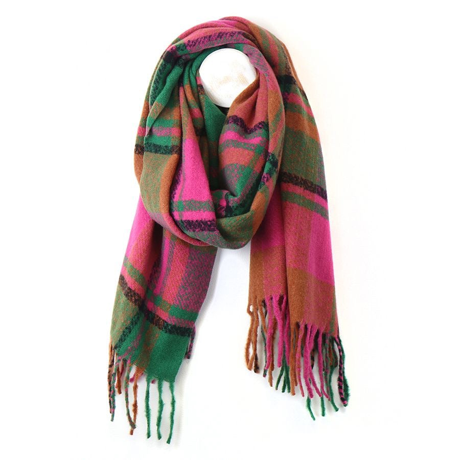 POM Bright Pink Mix Check with Twist Fringe Cosy Scarf