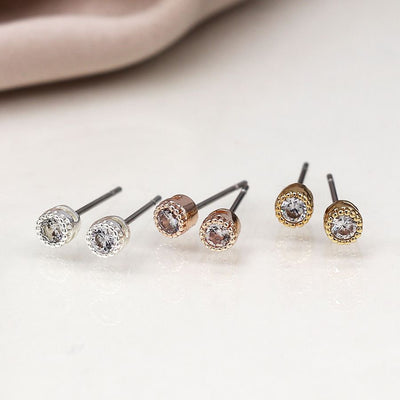 POM Mixed Metal Set of 3 Crystal Millgrain Round Stud Earrings