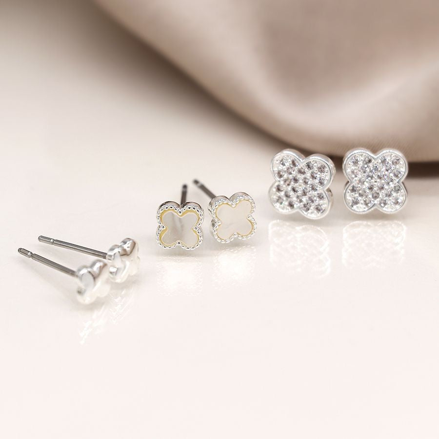 POM Silver Plated Triple Quatrefoil Stud Earrings Set