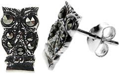Kali Ma Antique Silver & Marcasite Owl Studs - Sterling 925 Silver