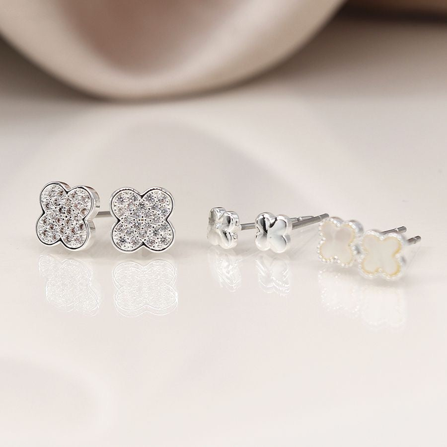 POM Silver Plated Triple Quatrefoil Stud Earrings Set