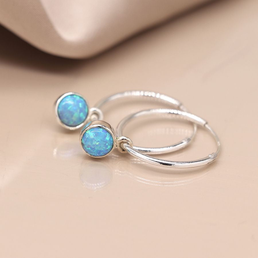 POM Sterling Silver Fine Hoop Earrings with Round Blue Opal Charms