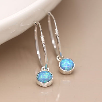 POM Sterling Silver Fine Hoop Earrings with Round Blue Opal Charms